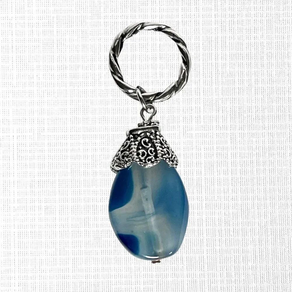 Glass Imitation Agate Stone Pendant Charm Silver Tone Blue Swirl Chunky Jewelry
